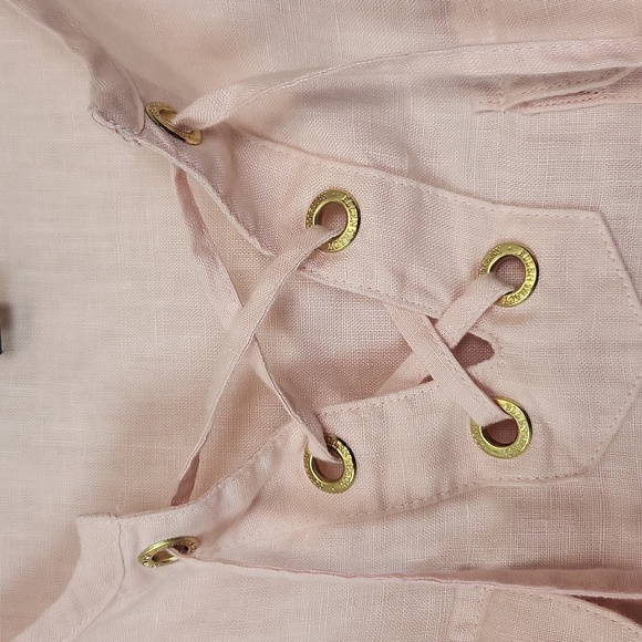 ELLEN TRACY COMPANY 100% Linen Peach Lace Up Roll Tab Tunic Top with Pockets - Picture 3 of 14